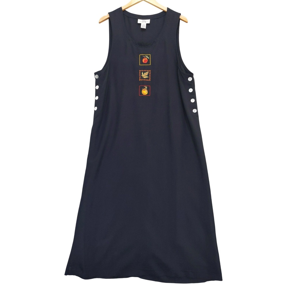 vtg 90s Original TY Wear Jumper Dress Sz 14 Black Embroidered Fall UNHEMMED READ